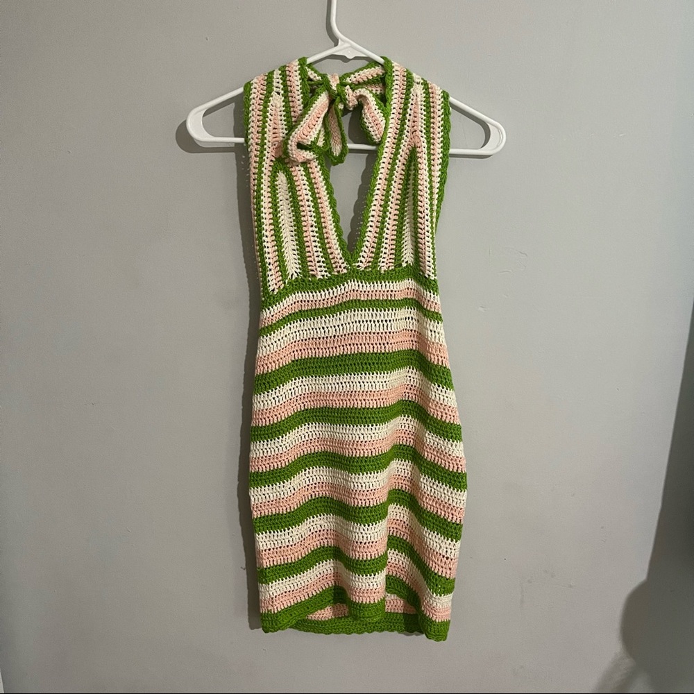 Crochet pink green and white tie dress
